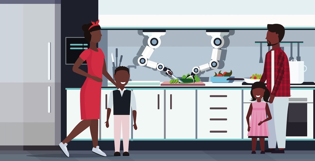 Animatieplaatje van gezin in keuken waar robot aan het koken is
