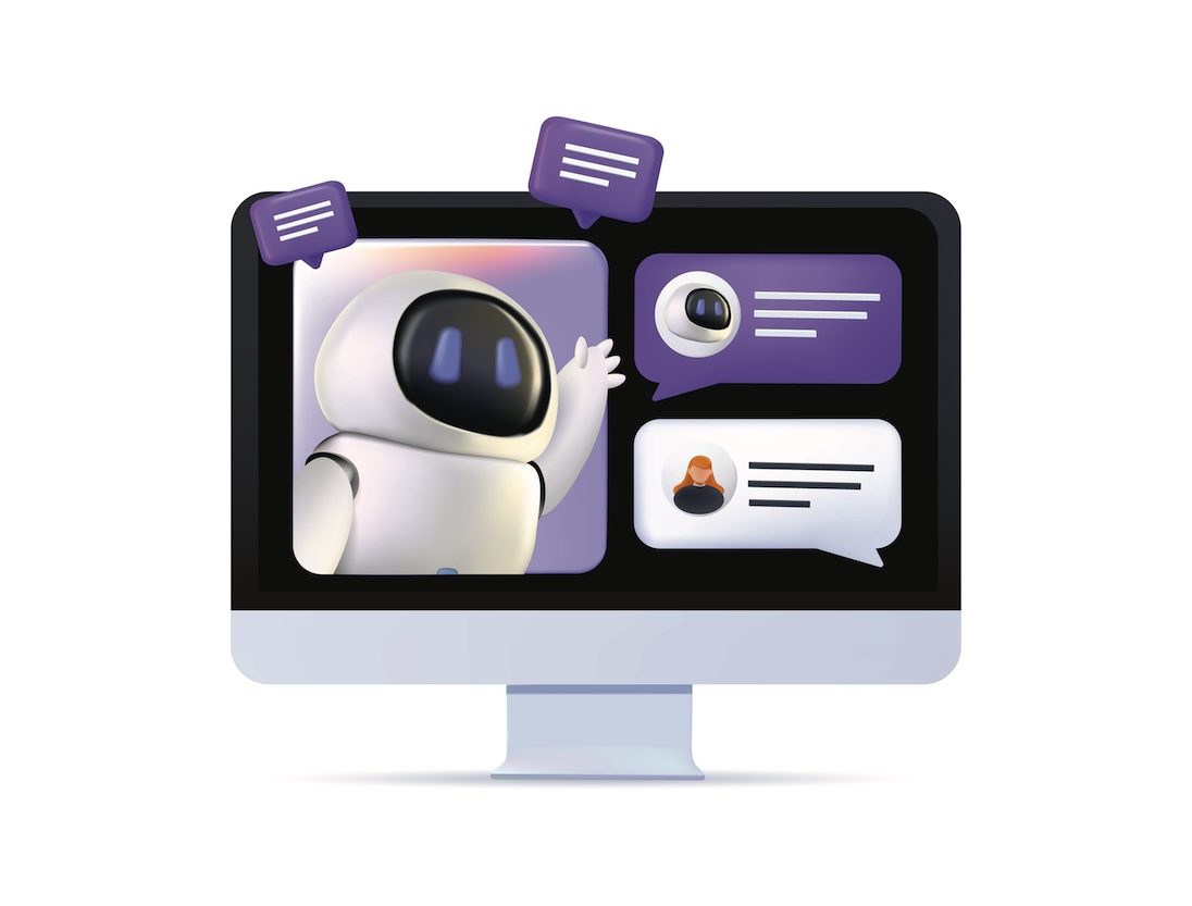 Een computerscherm, type iMac, met daarop een robot die aan hetr chatten is