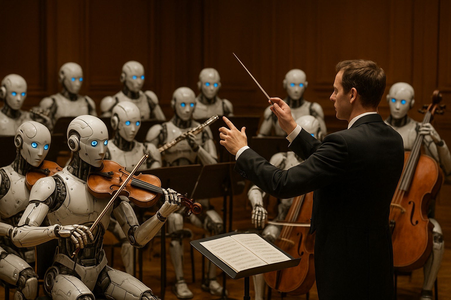 Orkest met robots en een meselijke dirigent
