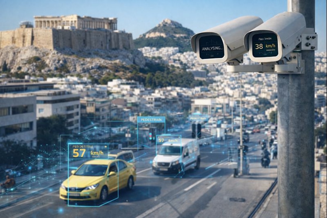 flitspalen in Atrhene met op de achtergrond de Akropolis