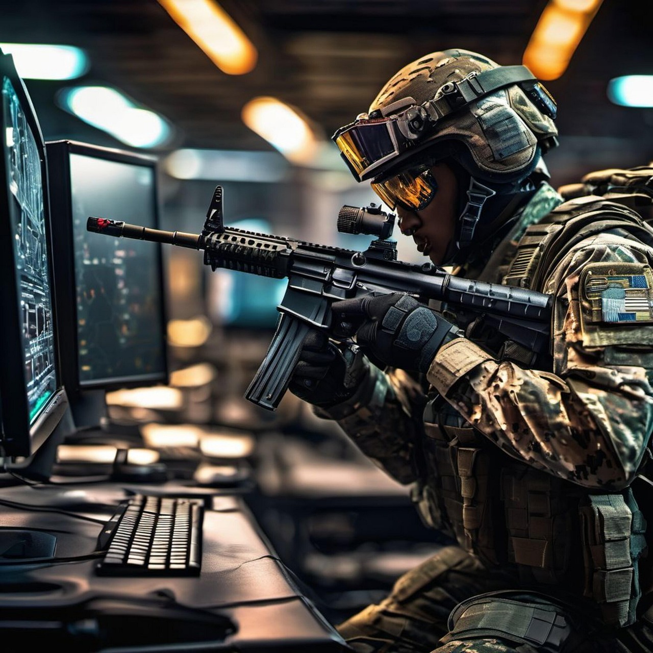 Militair richt wapen op beeldscherm