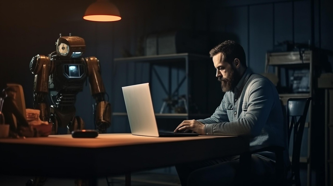 Man achter laptop met robot naast hem