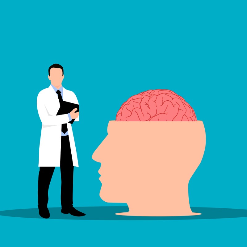 Tekening van een dokter naast een opengewerkte menselijke schedel