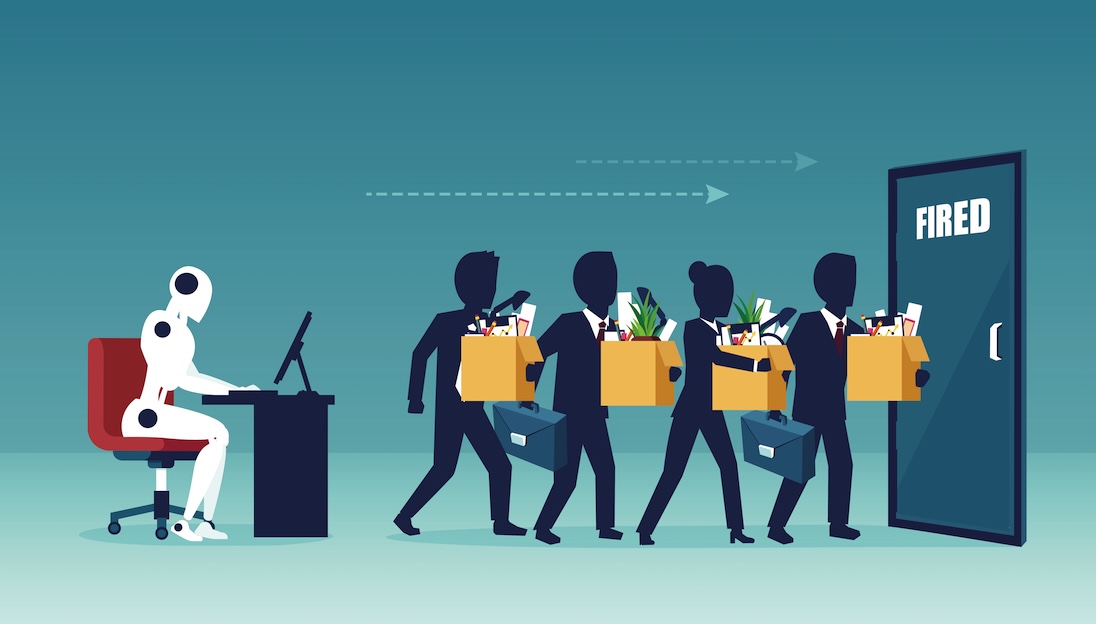 Robot werkt aan een bureau. Mensen lopen naar een deur waarop staat FIRED (Engels voor ontslagen)