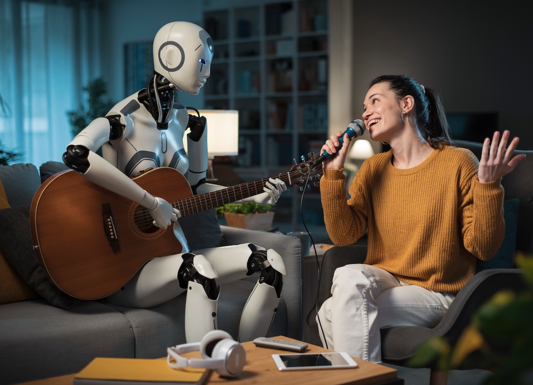 Robot en meisje maken muziek in een kamer