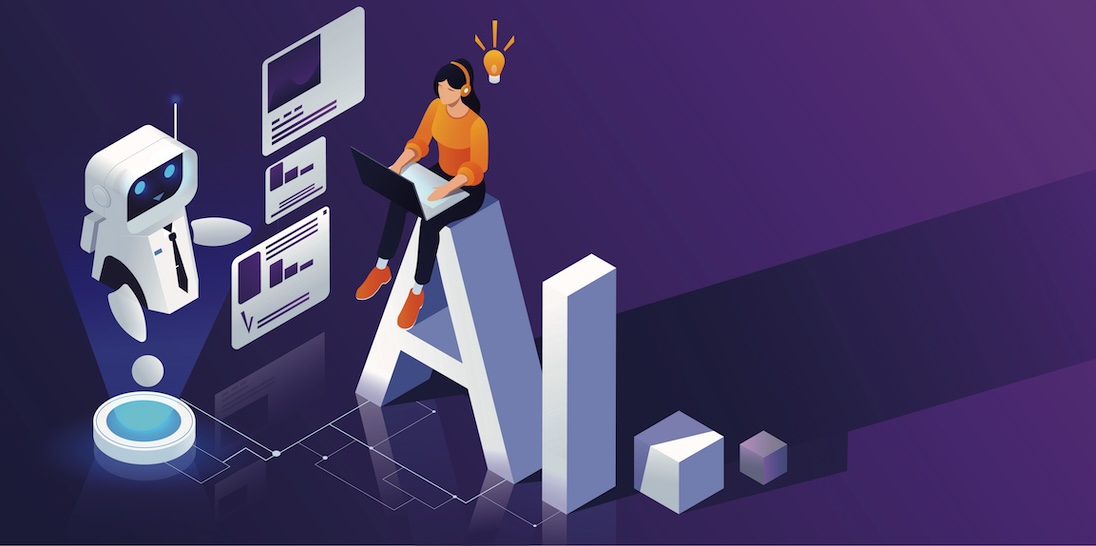 Man zit met laoptop boven letters AI en robot staat ernaast om te assisteren