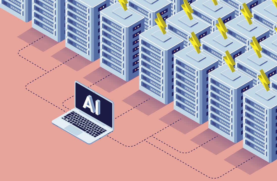 op voorgrond laptop met op scherm AI en daarachter heel veel energiecentrales