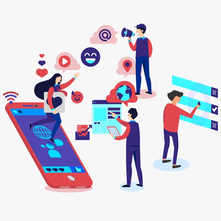 Tekening van mensen die bezig zijn met (sociale) media