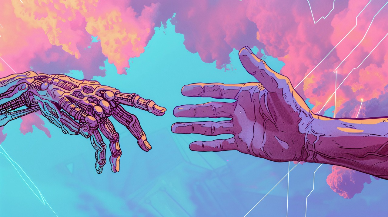 Getekende robot- en mensenhand