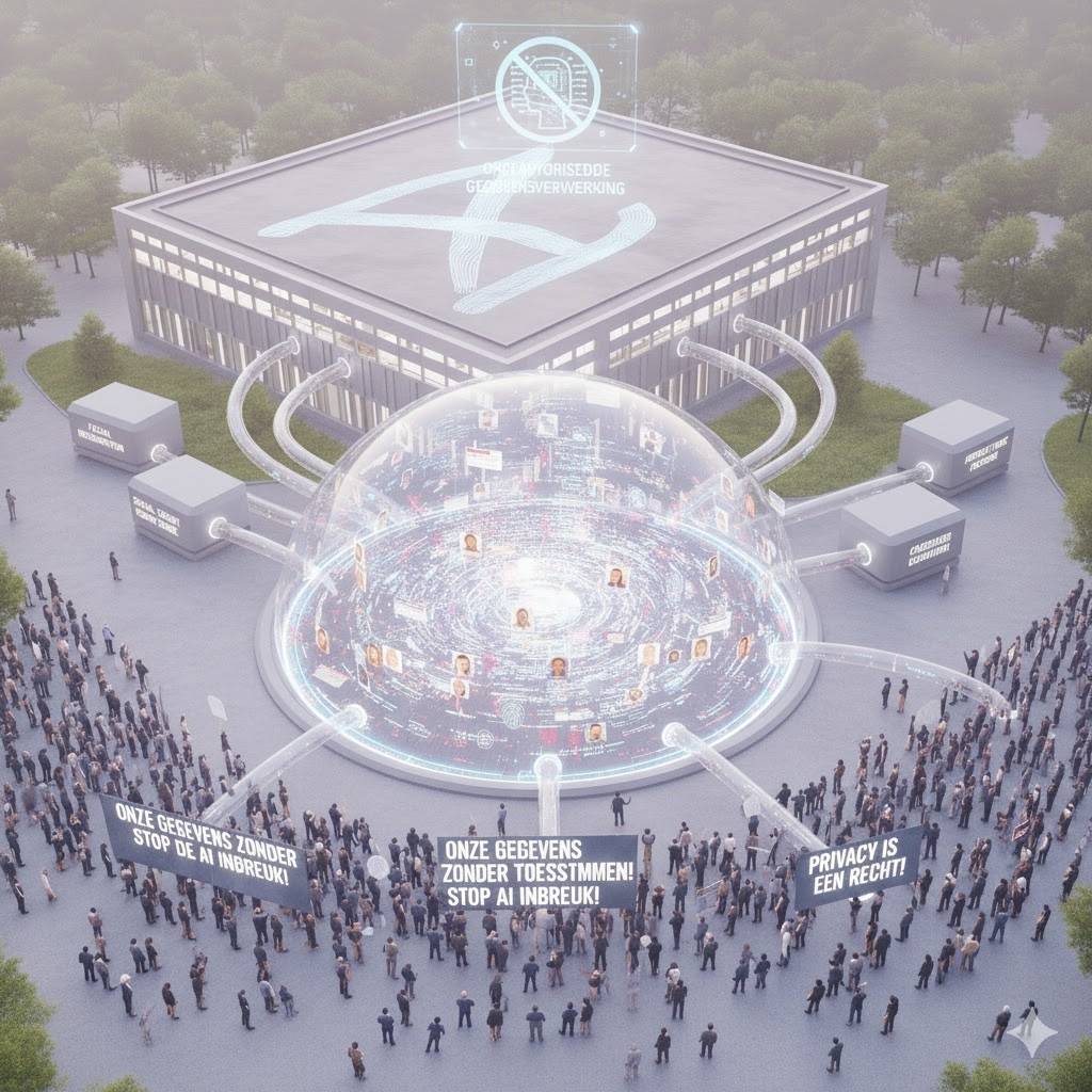 Gebouw met daarbuiten demonstranten die eisen dat er zorgvuldig omgegaan wordt met gegevens